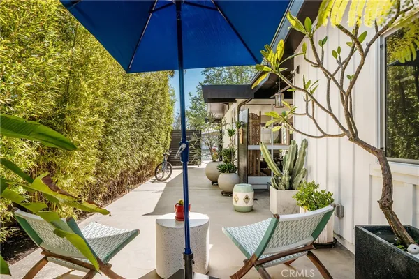 a view of a chair with potted plants