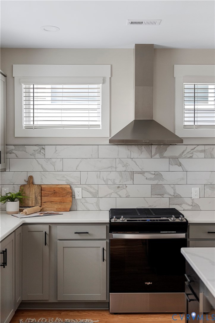 2909 R Street Richmond, VA 23223 - Photo 17 of 50 a kitchen with stainless steel appliances a stove a sink and white cabinets