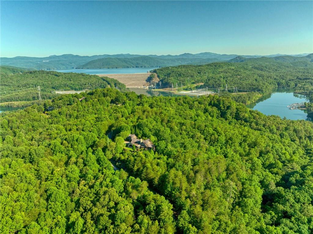 101 Wake Robin Drive Sunset, SC 29685 - Photo 3 of 8 Perched amidst a verdant forest, a secluded home commands expansive views of the distant dam and serene lake with a bustling marina.