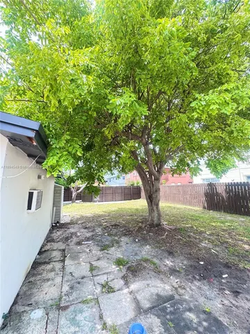 a view of a yard with plants and a large tree