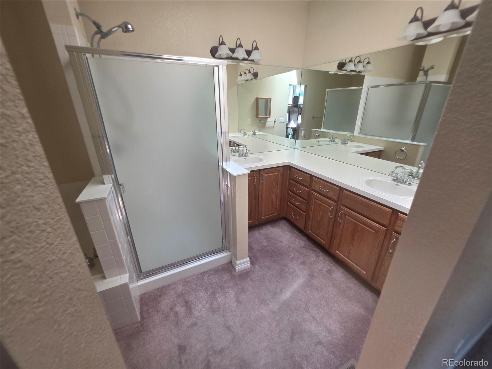 8911 Tappy Toorie Place Highlands Ranch, CO 80129 - Photo 7 of 28 a bathroom with a double vanity sink and mirror
