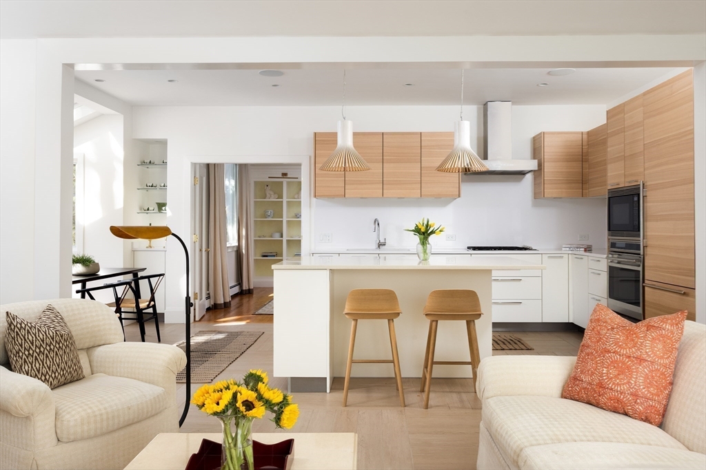 291 Goddard Avenue, Unit 291 Brookline, MA 02445 - Photo 4 of 19 a living room with furniture and kitchen view