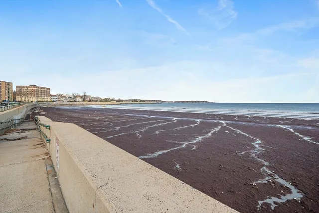 a view of an ocean beach and city