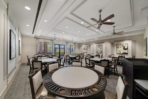 a view of a dining room with furniture