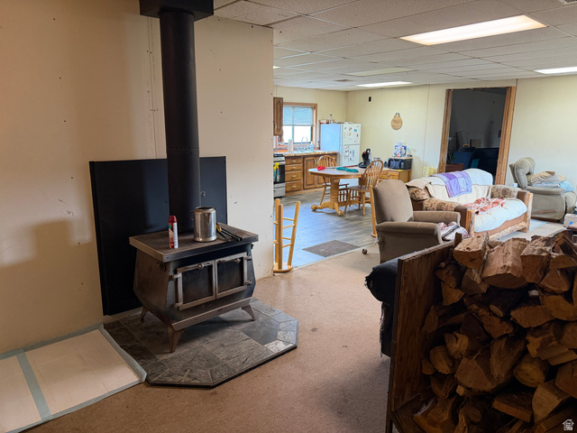 34030 North 7905th East Fairview, UT 84629 - Photo 9 of 30 Carpeted living room featuring a wood stove and a paneled ceiling