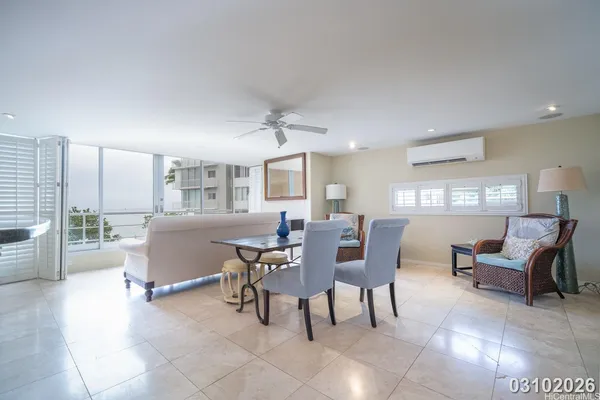 a view of a dining room with furniture