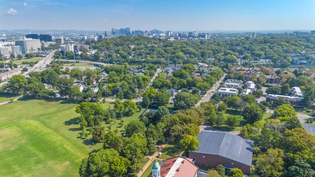 an aerial view of residential houses with outdoor space and trees