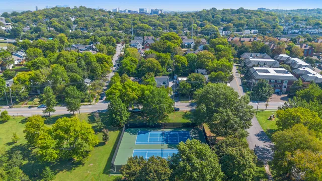 an aerial view of residential houses with outdoor space and trees