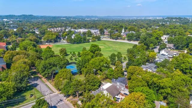 a view of a city with lush green forest