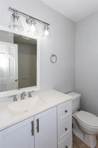 a bathroom with a sink mirror vanity and toilet
