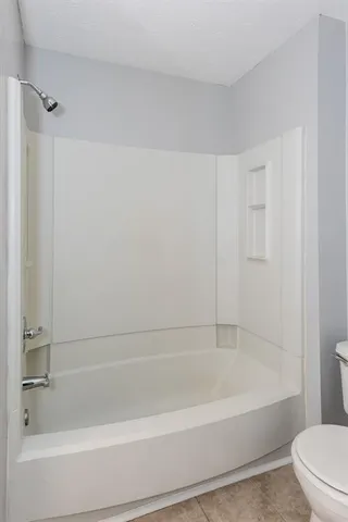 a bathroom with a bathtub and a toilet