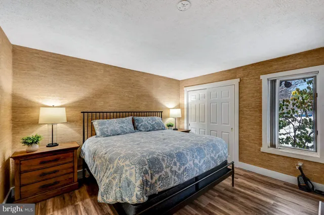 a bedroom with a large bed and a potted plant