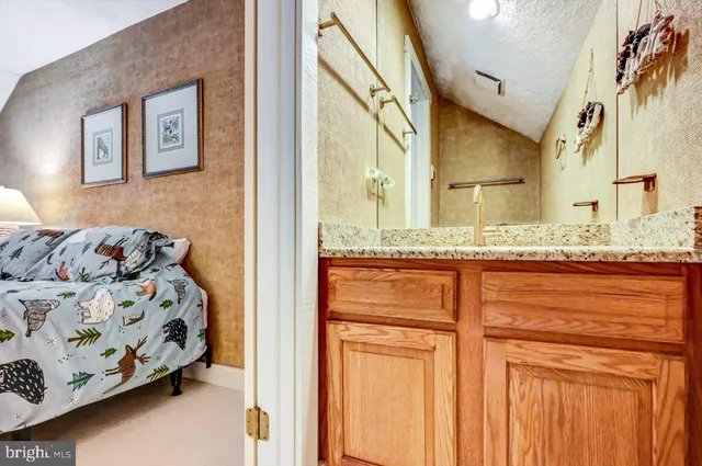 a bathroom with a granite countertop sink a mirror and shower