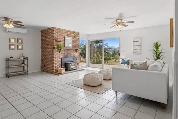 a living room with furniture a dining table and a potted plant