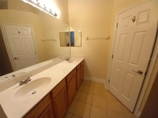 a bathroom with a double vanity sink a mirror and a shower