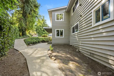 a view of a backyard with plants and a garden