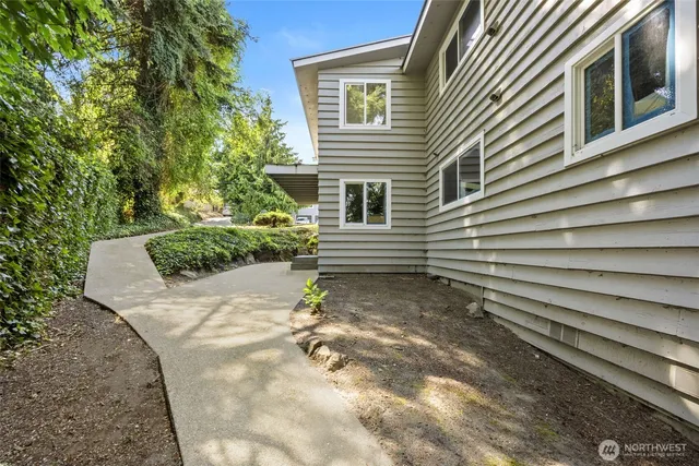 a view of a backyard with plants and a garden