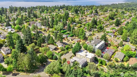a aerial view of a house with a yard and large trees
