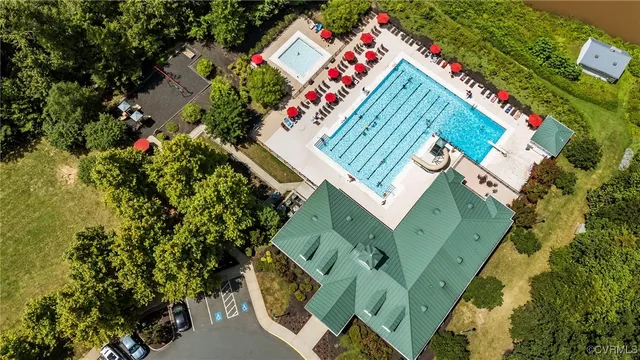an aerial view of a swimming pool