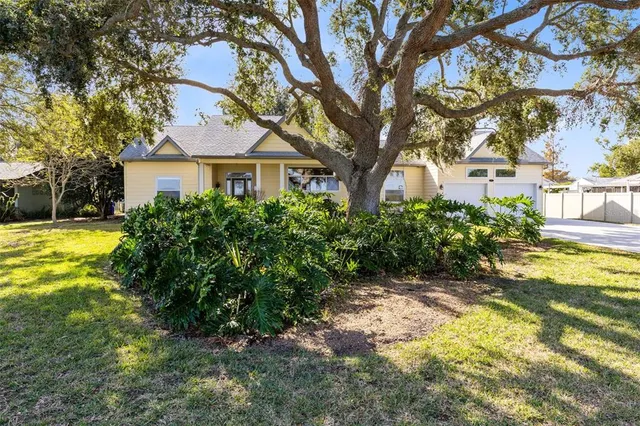 a front view of a house with a yard and large trees