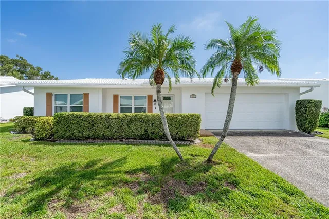 a backyard of a house with table and chairs plants and large tree