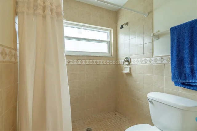 a bathroom with a shower and toilet