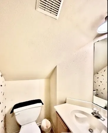 a bathroom with a sink a toilet and mirror