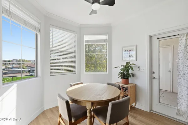 a view of a dining room with furniture and a potted plant