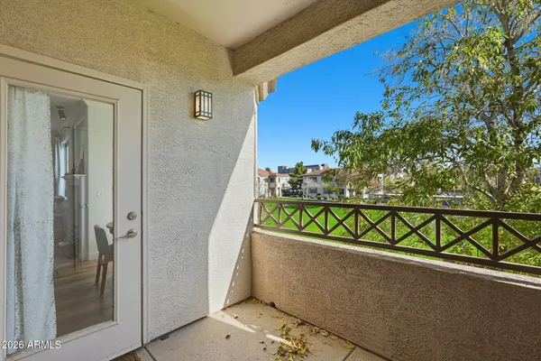 a garden view with a seating space