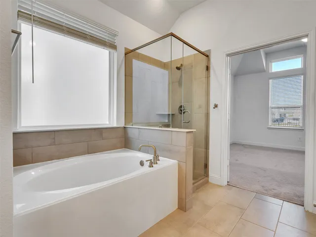 a bathroom with a bathtub and a shower