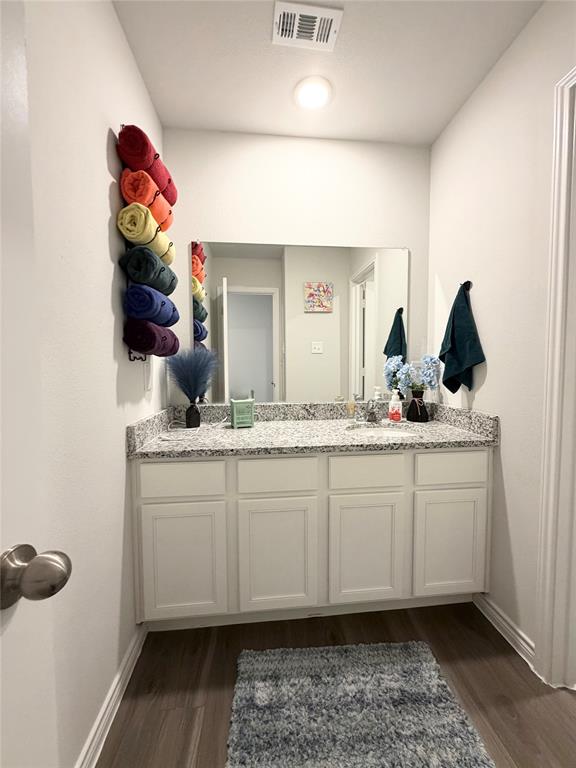 5664 Shore Point Trail Fort Worth, TX 76119 - Photo 24 of 29 a bathroom with a granite countertop sink and a mirror