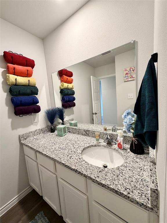 5664 Shore Point Trail Fort Worth, TX 76119 - Photo 26 of 29 a bathroom with a granite countertop sink and a mirror