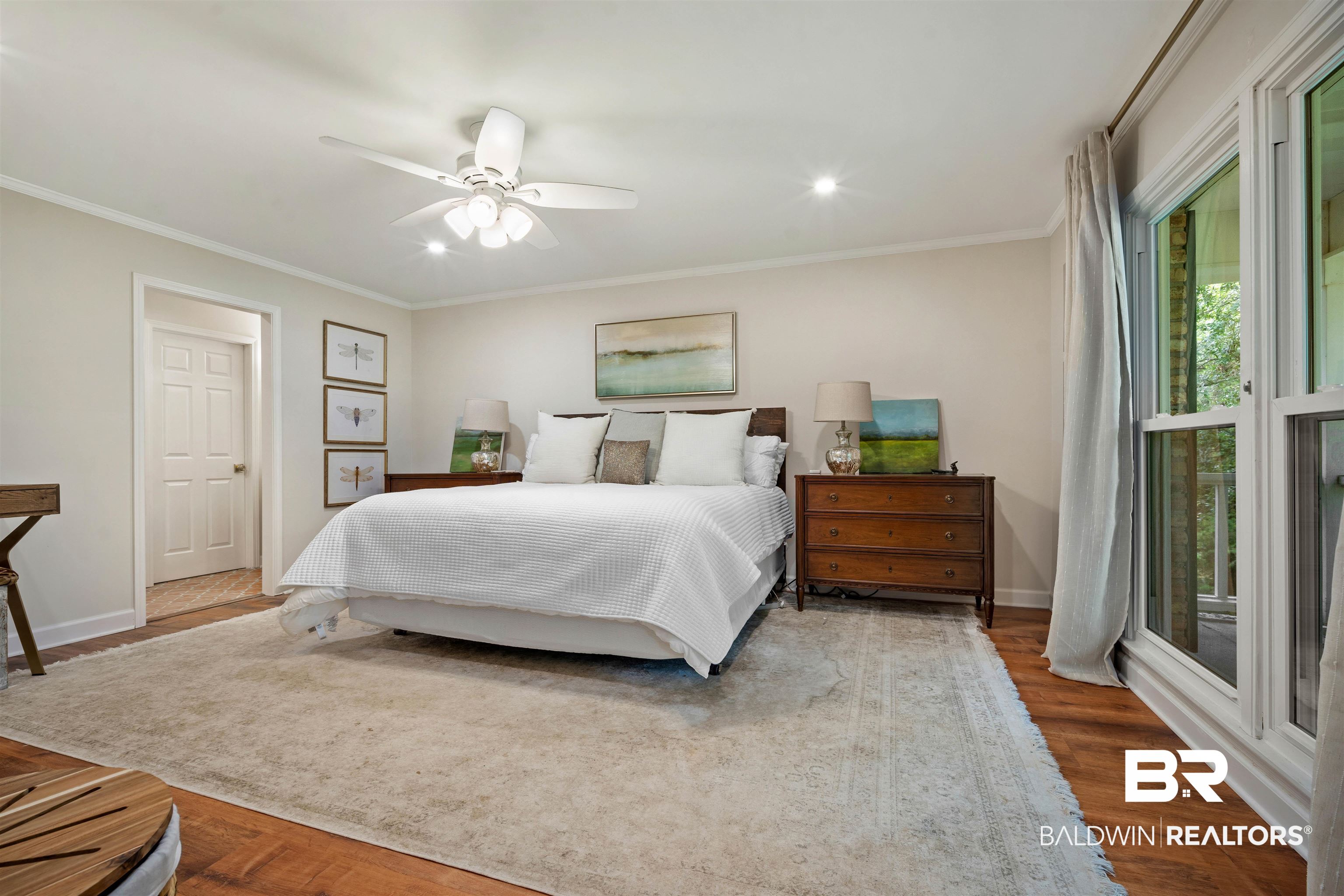 700 Eliza Jordan Road North Mobile, AL 36608 - Photo 22 of 44 Bedroom featuring ornamental molding, ceiling fan, wood finished floors, and recessed lighting