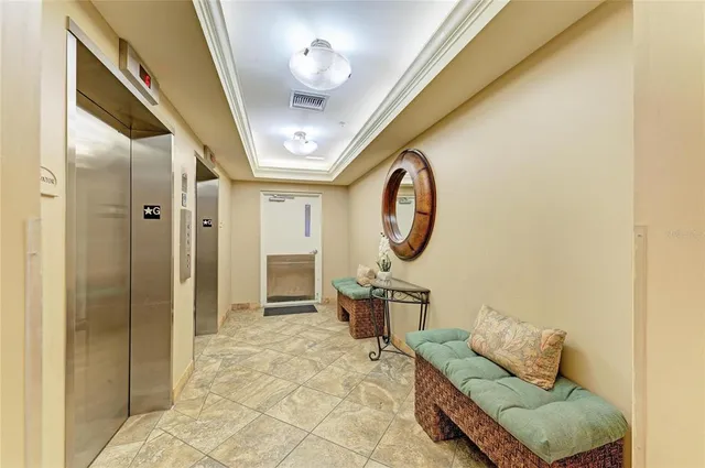 a view of a balcony with wooden floor