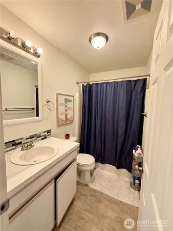 a bathroom with a sink a toilet a mirror and shower curtain