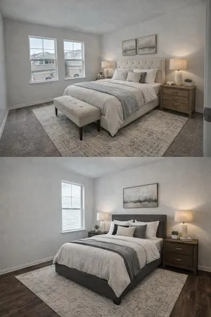 a bedroom with a bed a couch and windows