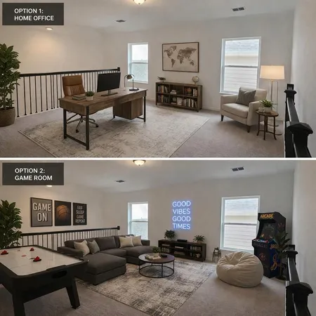 a living room with furniture and a lamp