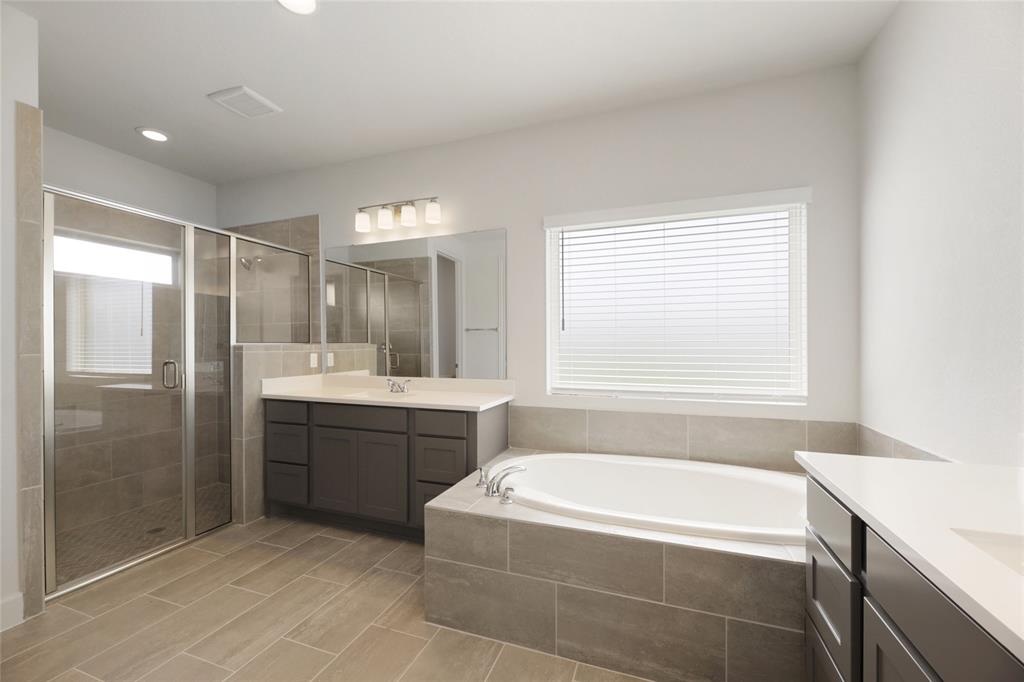 123 Plumbago Loop Bastrop, TX 78602 - Photo 14 of 40 a bathroom with a tub sink shower and mirror
