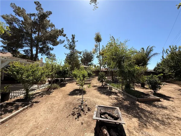 a view of a yard with wooden fence