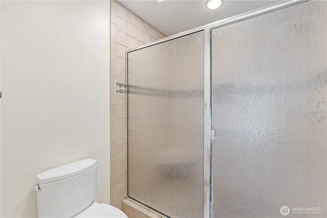 a bathroom with a shower and toilet