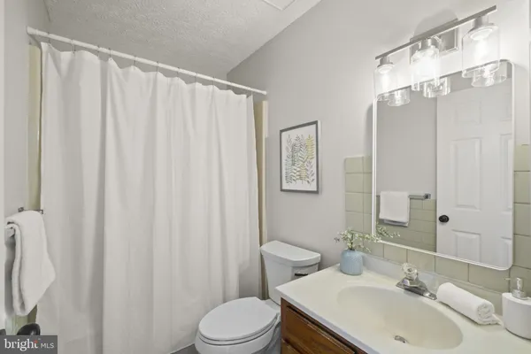 a bathroom with a sink a toilet and shower curtain