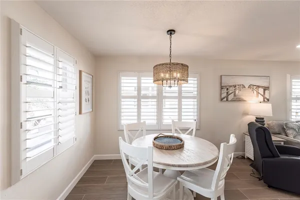 a view of a dining room with furniture window and outside view
