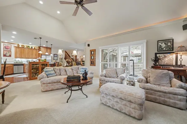 a living room with furniture and a potted plant