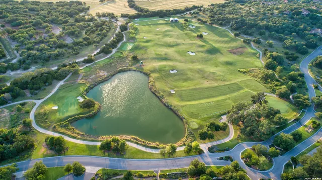 an aerial view of a house with swimming pool a yard and a large tree