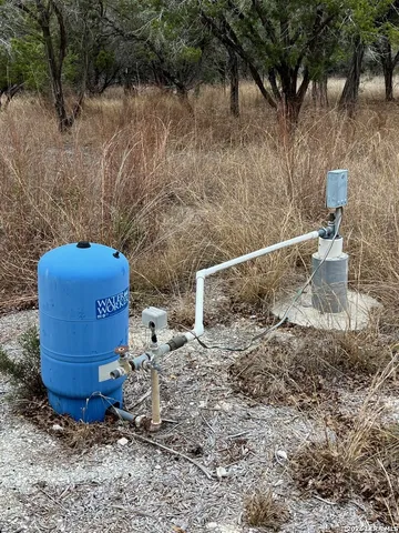 a view of a dry yard with trees in the background