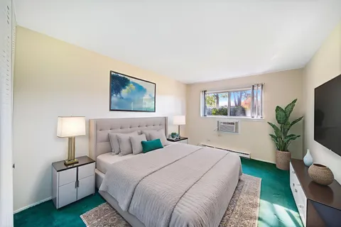 a bedroom with a bed a mirror on dresser and a flat screen tv