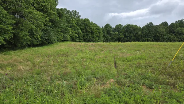 a view of a green field with wooden fence