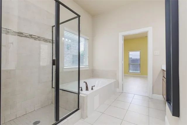 a bathroom with a bathtub and a shower