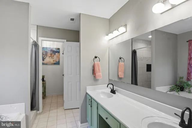 a bathroom with a double vanity sink a mirror and a shower