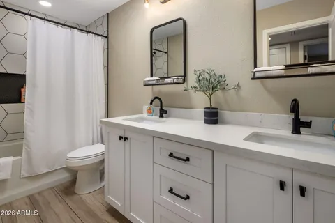 a bathroom with a double vanity sink mirror and toilet